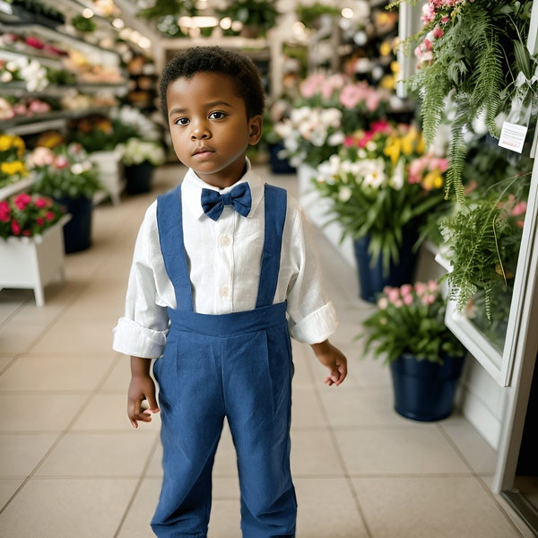 Baby Boy 3 Pcs Linen Set, Formal Toddler Long Sleeve Pant Suit, Blue Carrier Pants Bow Tie White Shirt Toddler Outfit, Ring Boy Look