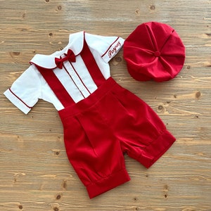 Personalized Baby Boy 1st Birthday Outfit: Red Silk Alpaca Shorts Set