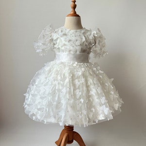 White Butterfly Style Fluffy Skirt Girls Dress, Birthday Party Baby, Flower Girl Outfit, 3D Butterfly Detailed  Toddler Look
