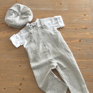 Baby Boy Linen Outfit: Striped Jumpsuit, Shirt, Hat & Bowtie
