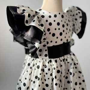 Polka Dot Satin Baby Dress: Black Ribbon Bow, Flutter Sleeve