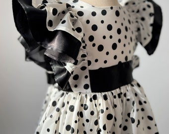 Polka Dot Satin Baby Dress: Black Ribbon Bow, Flutter Sleeve