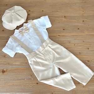 Ecru jarreteloutfit babyjongen: 4-delig katoen-zijdekostuum