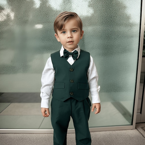 Khaki Green 4 Pieces Boys Suit Set, Toddler Formal Outfit, Baby Boy Suspender Pants, Boy Christening Look, Ring Boy Suit
