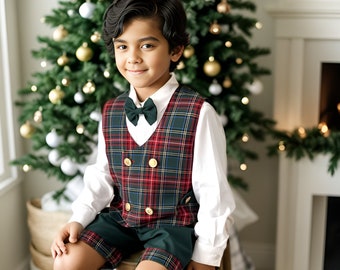 Christmas Baby Boy Tartan Suit Set, Boys Plaid Christmas Outfit, Green 4 Pieces Boys Suspender Shorts Set, Xmas Holiday Kids Suit