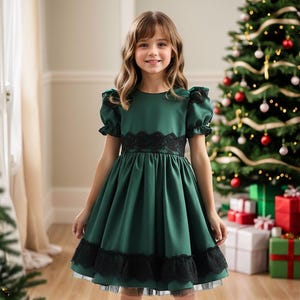 Girls&#39; Green Christmas Dress: Black Lace Tutu Skirt, Formal Xmas Holiday Dress, Thanksgiving Look