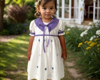 Floral Embroidered Girls Cotton Dress: Purple Collar Easter Outfit