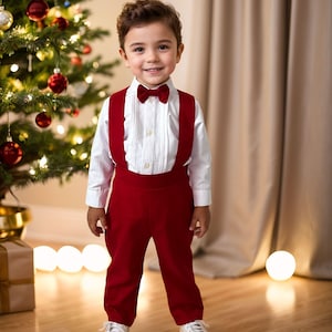Boys’ Christmas Red Set, Long Sleeve White Shirt- Red Suspenders Pants -Bow Tie, Infant Xmas Outfit, Sibling Set