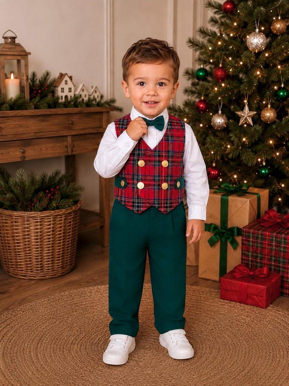 Boys Christmas Suit, Red Tartan Vest & Green Suspender Pants, Toddler Holiday Outfit