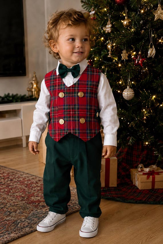 christmas dress for boys Baby Boy Plaid Suit: 4-piece Green-red Tartan Formal Outfit, Toddler Red Xmas Set Christmas day