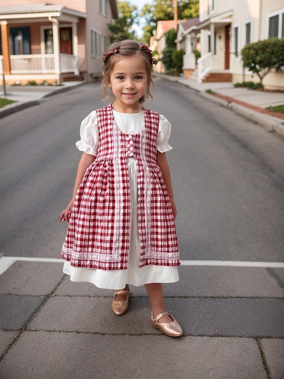 Burgundy Gingham Pinafore Girls Dress: White Vintage Cotton Set, Cottage Red Apron Summer Look