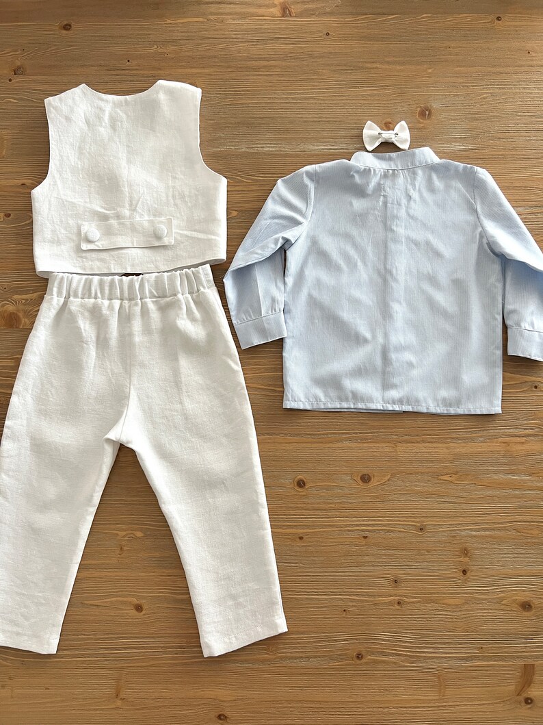 Baby Boy White Linen Set, Baby Christening Summer Outfit, White 4 Piece