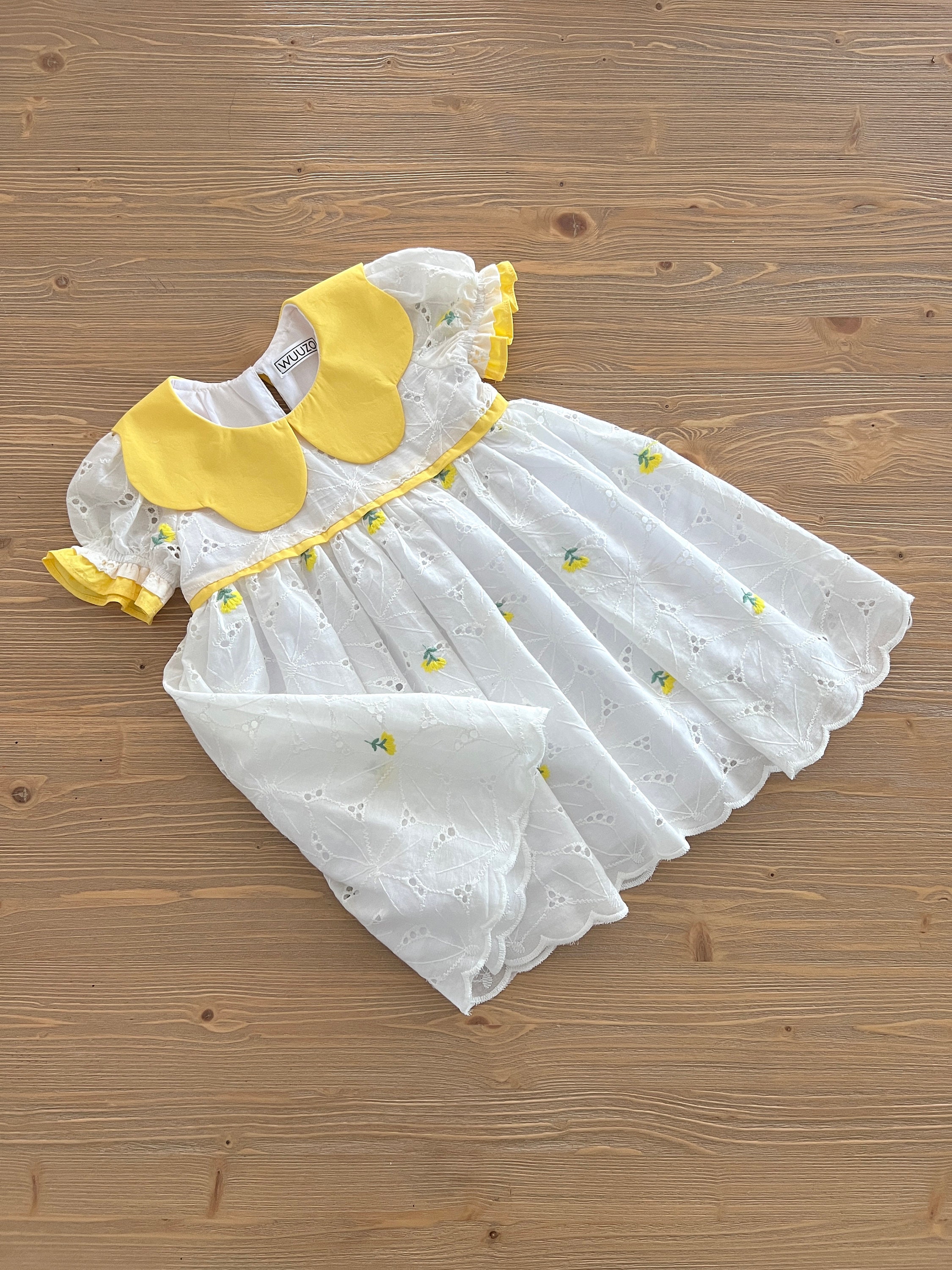 Yellow Floral Embroidered Cotton Festoon Girls Dress Yellow - Etsy UK