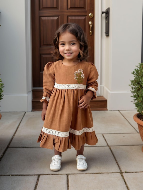 Hand Embroidered Brown Linen Girls Dress, Lace Detailed Toddler Vintage Look, Girl's Gpring Gress