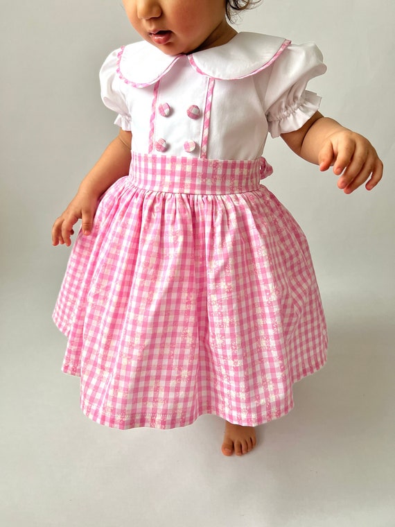 gingham short dress with peter pan collar Girls Pink Gingham Dress, Peter Pan Collar Toddler Look, Vintage Girls Outfit