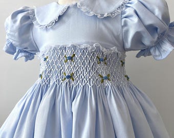 Hand-Smocked Light Blue Cotton Baby Dress: Birthday Party Outfit