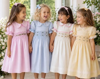 Girls Hand Smocked Cotton Dress with Hand Embroidered Flowers, Pastel Colors