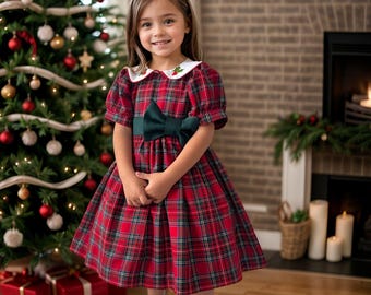 Holly Embroidered Baby Christmas Dress: Red Plaid Girls Xmas