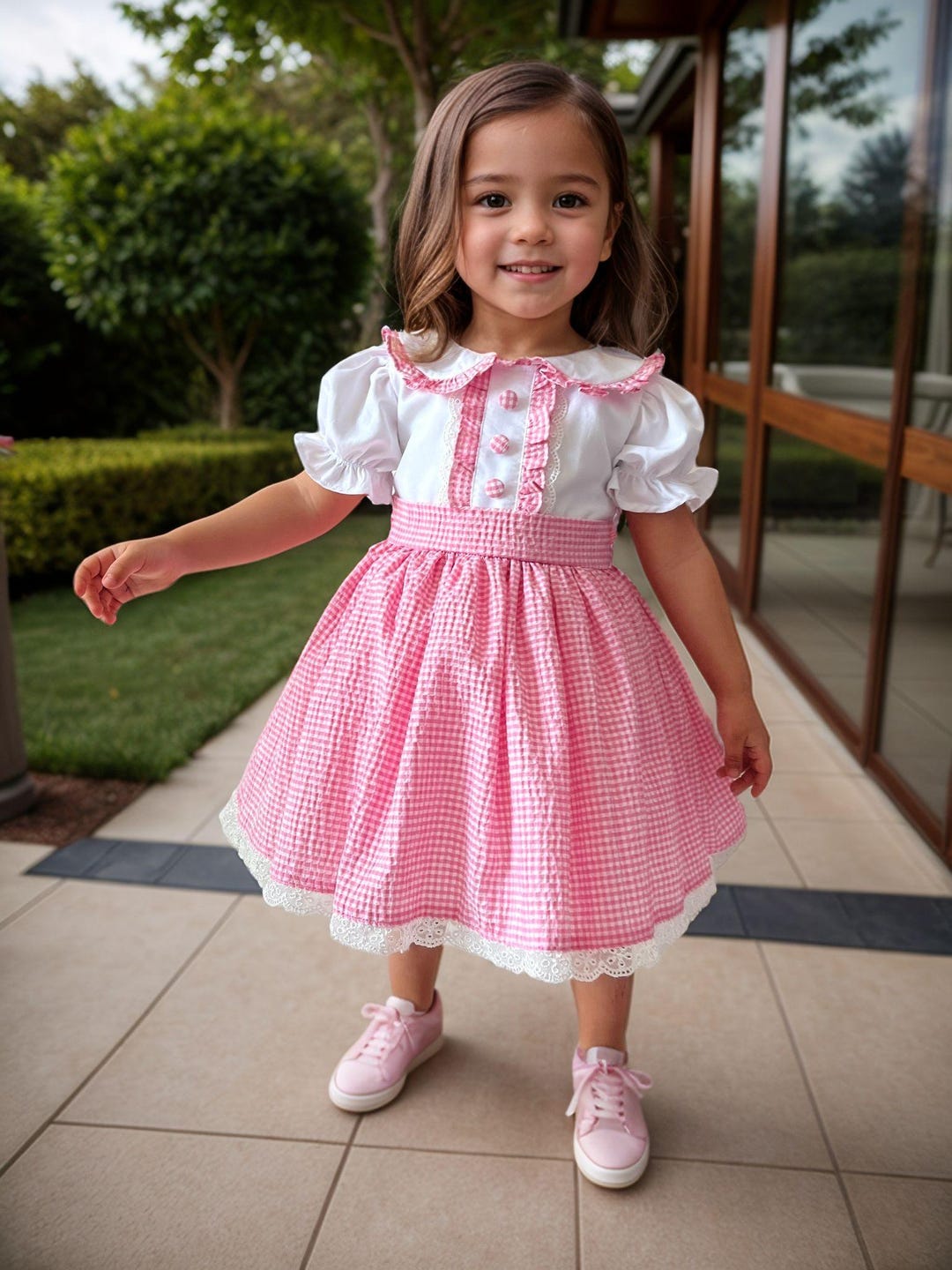 Vestido de cuadros vichy rosa para niña, cuello Peter Pan, estilo