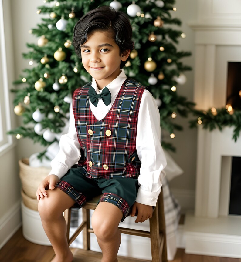 Sal & Pimenta Boys Button On Set - Red Holiday Jolly Tartan Plaid - Long Sleeves