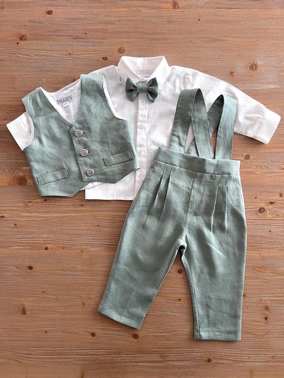 Baby Boy Green Linen Suit: 4-piece Suspender Pants Set, Reng