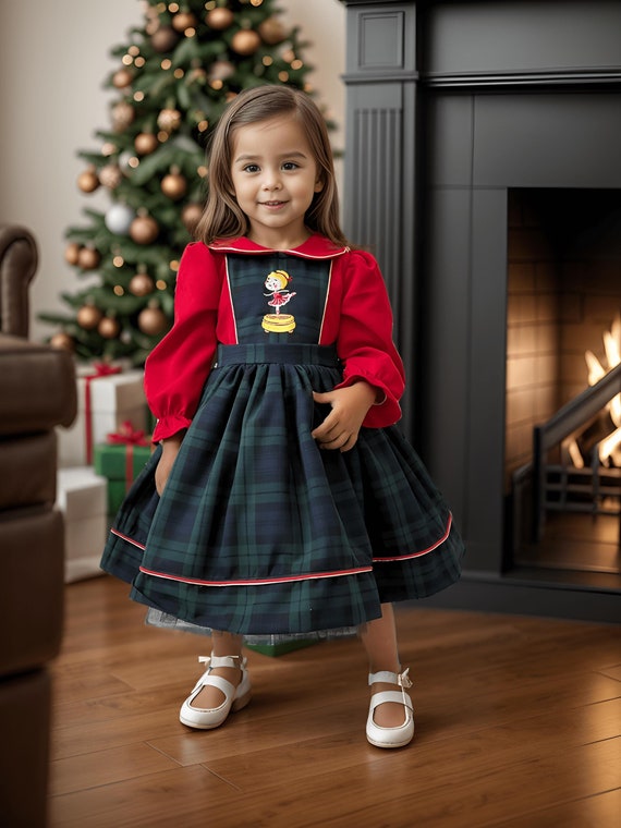 Girls Tartan Christmas Dress: Nutcracker Ballerina Embroidery