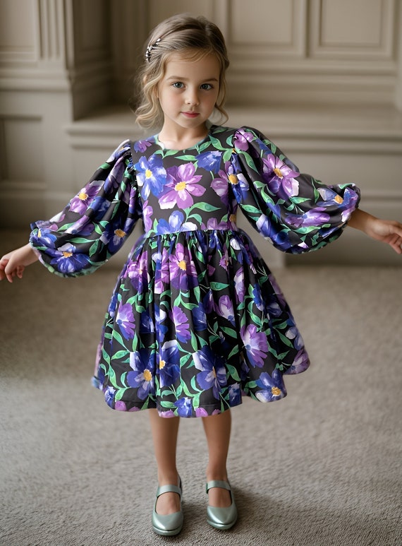 Vestido de ninas con estampado floral de manga obispo vestido formal negro para ninos vestido de ninas de flores Etsy Espana
