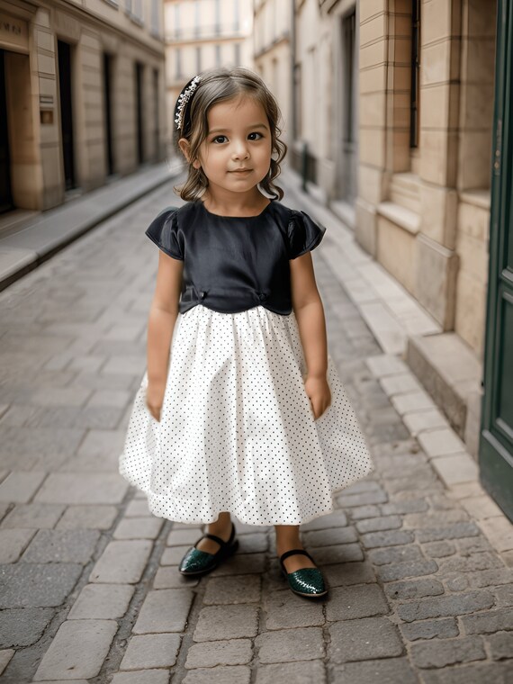 Black Polka Dot Girls Dress Button Detailed Satin Toddler Look Cap Sleeve White Satin Kids Outfit Etsy