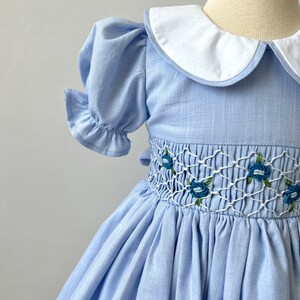 Hand Smocked Peter Pan Collar Short Sleeve Two Piece Set in Sky Blue (12mths-6yrs)