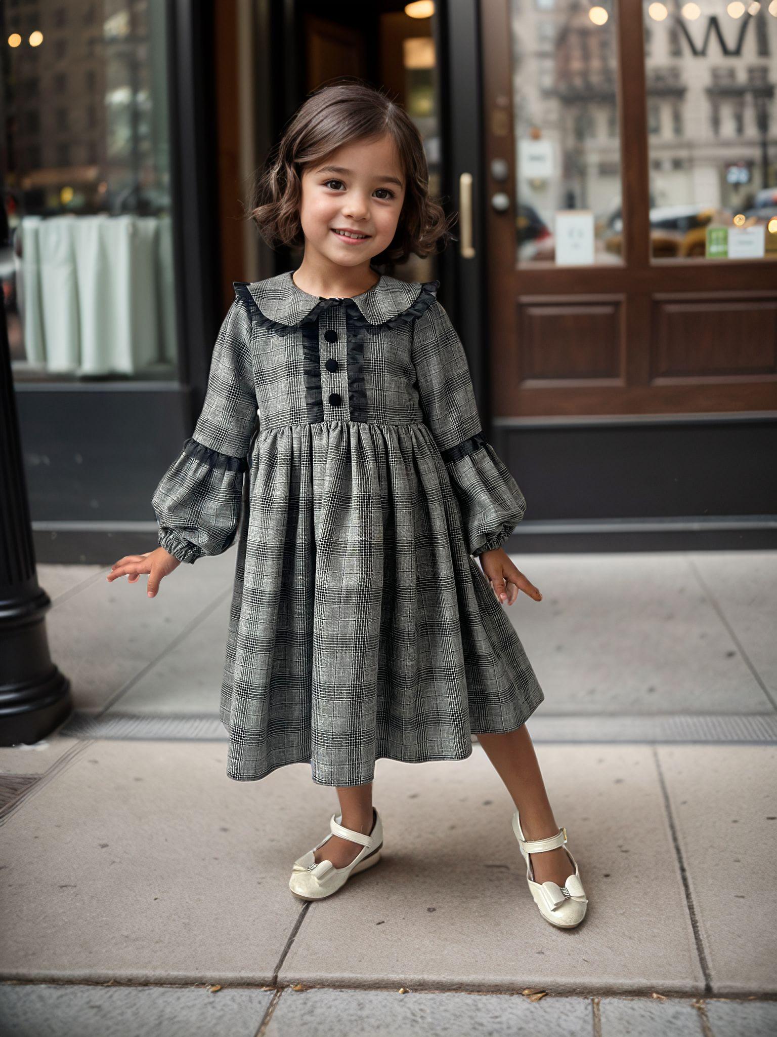 Girls Gray Plaid Dress, Lace Detailed Tartan Look, Fall Winter Baby Outfit, Sibling Combo
