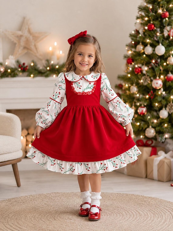 jumper dress for christmas Girl's Red Dress: Holly Flower Xmas Outfit, Bishop Sleeve Thanksgiving Baby Look womens red christmas dress