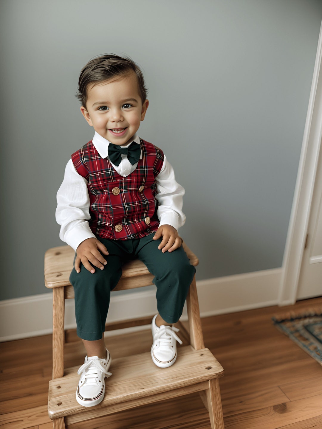 Baby Boy Red Plaid Suit: 4-piece Tartan Suspender Outfit