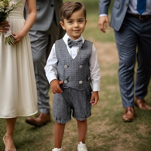 Baby Boy Grey Plaid Shorts Set, Boys Tartan Outfit, Green 4 Pieces Boys Suspender Short Set, Holiday Kids Suit
