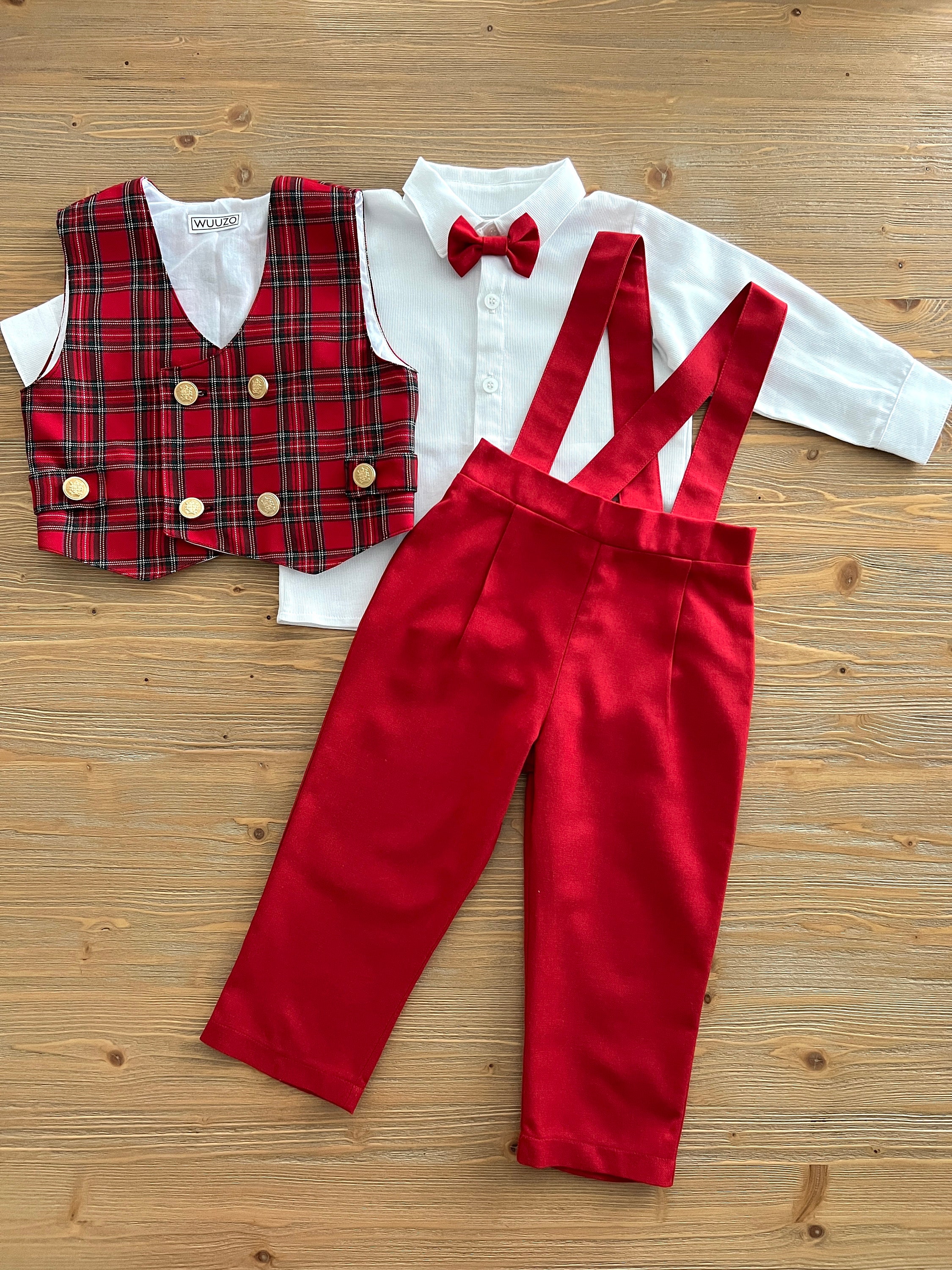 thumbnail image 2 of Baby Boys Gentleman Plaid Bowtie Shirt Suspender Pants Outfits Suits Toddlers Christmas Clothes(Green,70/6-12Months 2 of 12