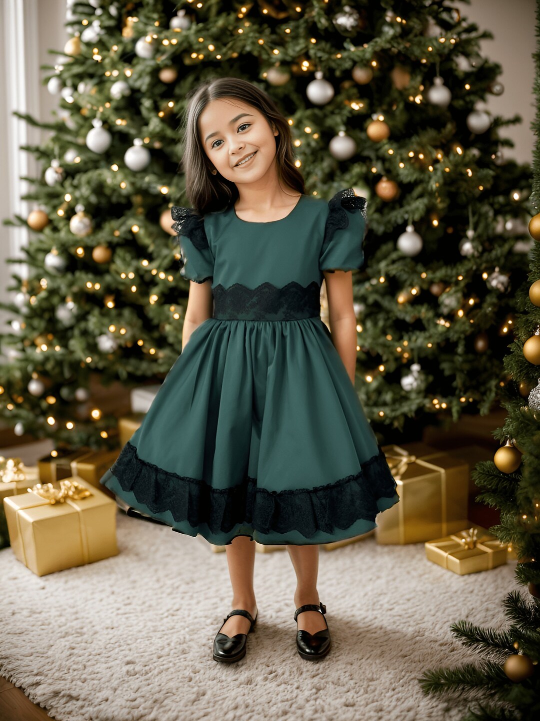 Girls Green Embroidered Festive Dress