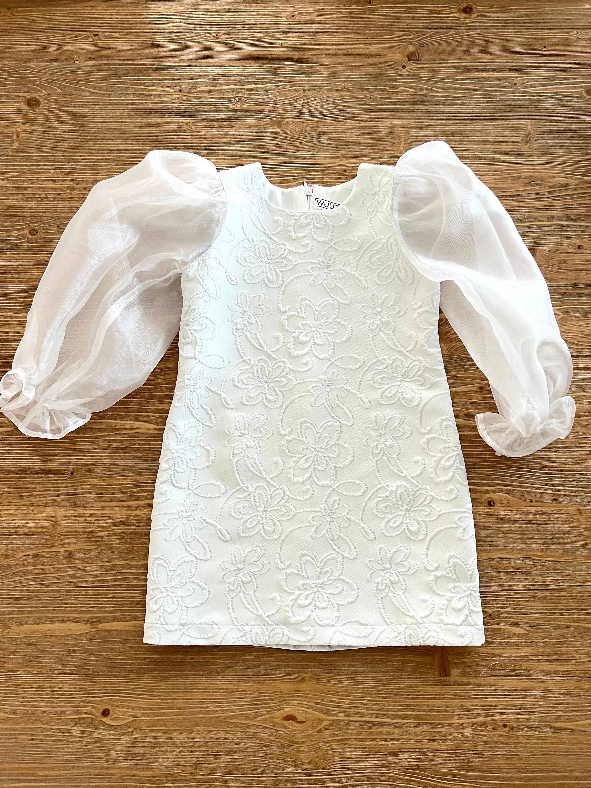 Girls White Floral Jacquard Dress: Long Organza Sleeves, Formal Kids ...