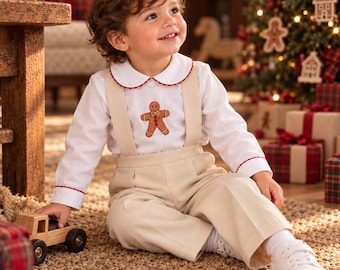 Boys' Christmas Outfit with Gingerbread Embroidery, Cream Suspender Pants, and White Shirt