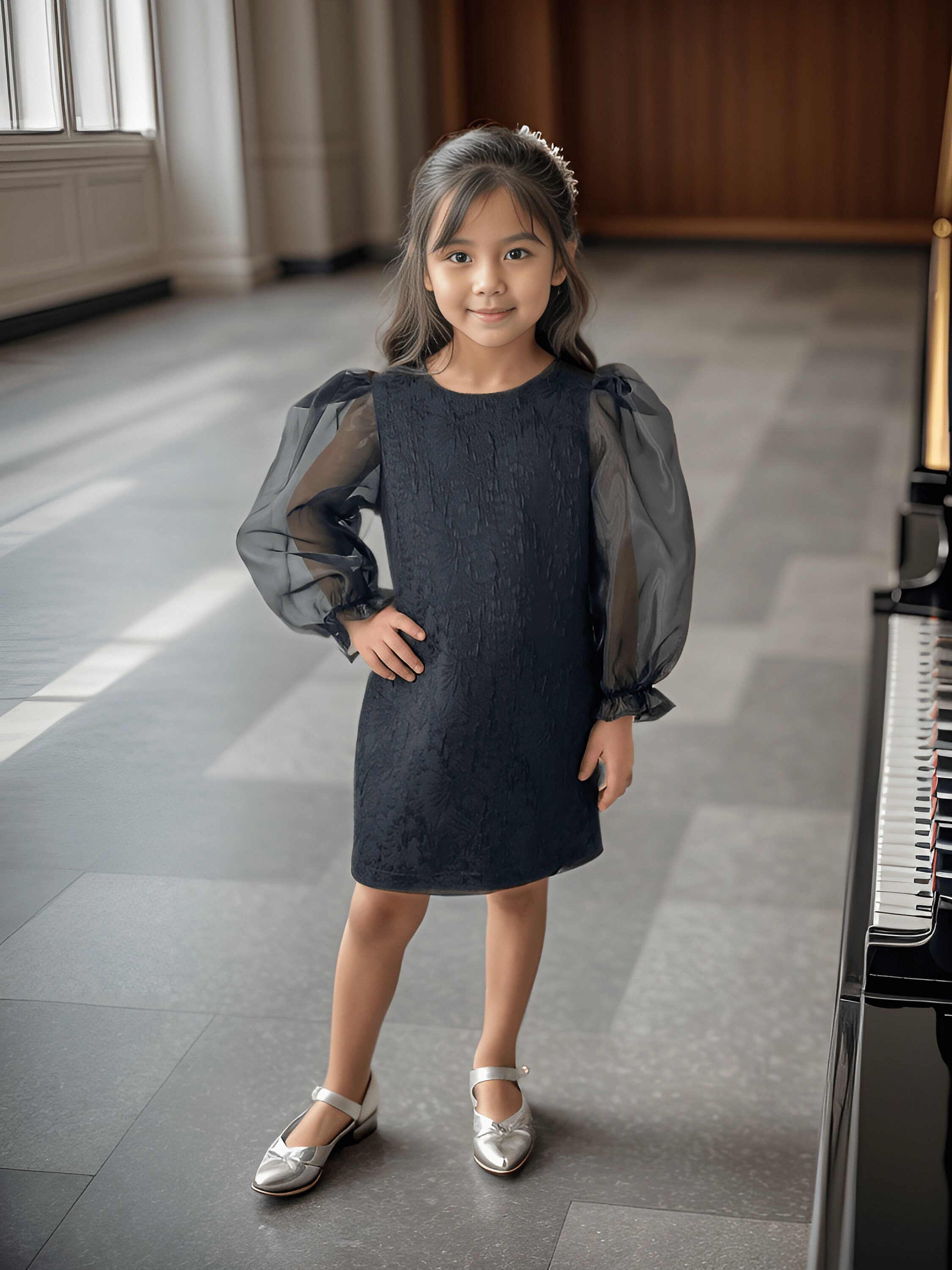 Girls Basic Black Formal Dress, Elegant Long Sleeve Kids Look, Party Girls Outfit