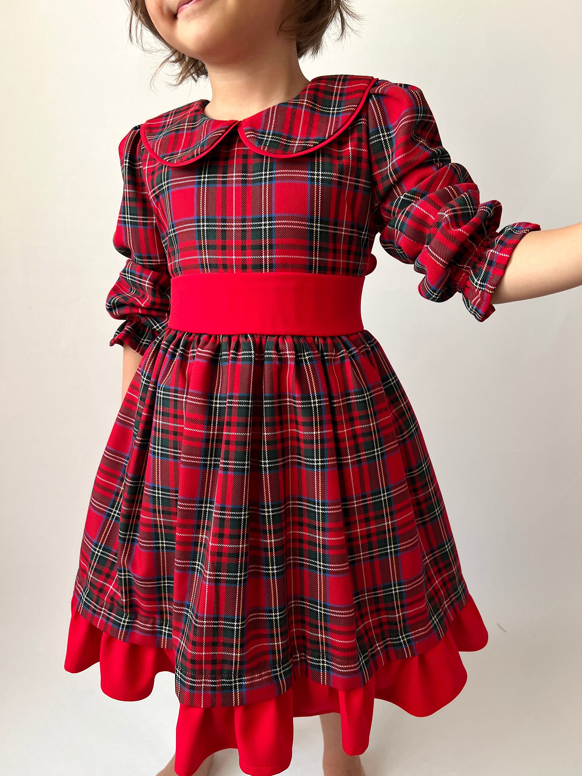 Kid Girl Christmas Letter Print Sequined Heart Pattern Red Plaid Stitching Long-sleeve Dress