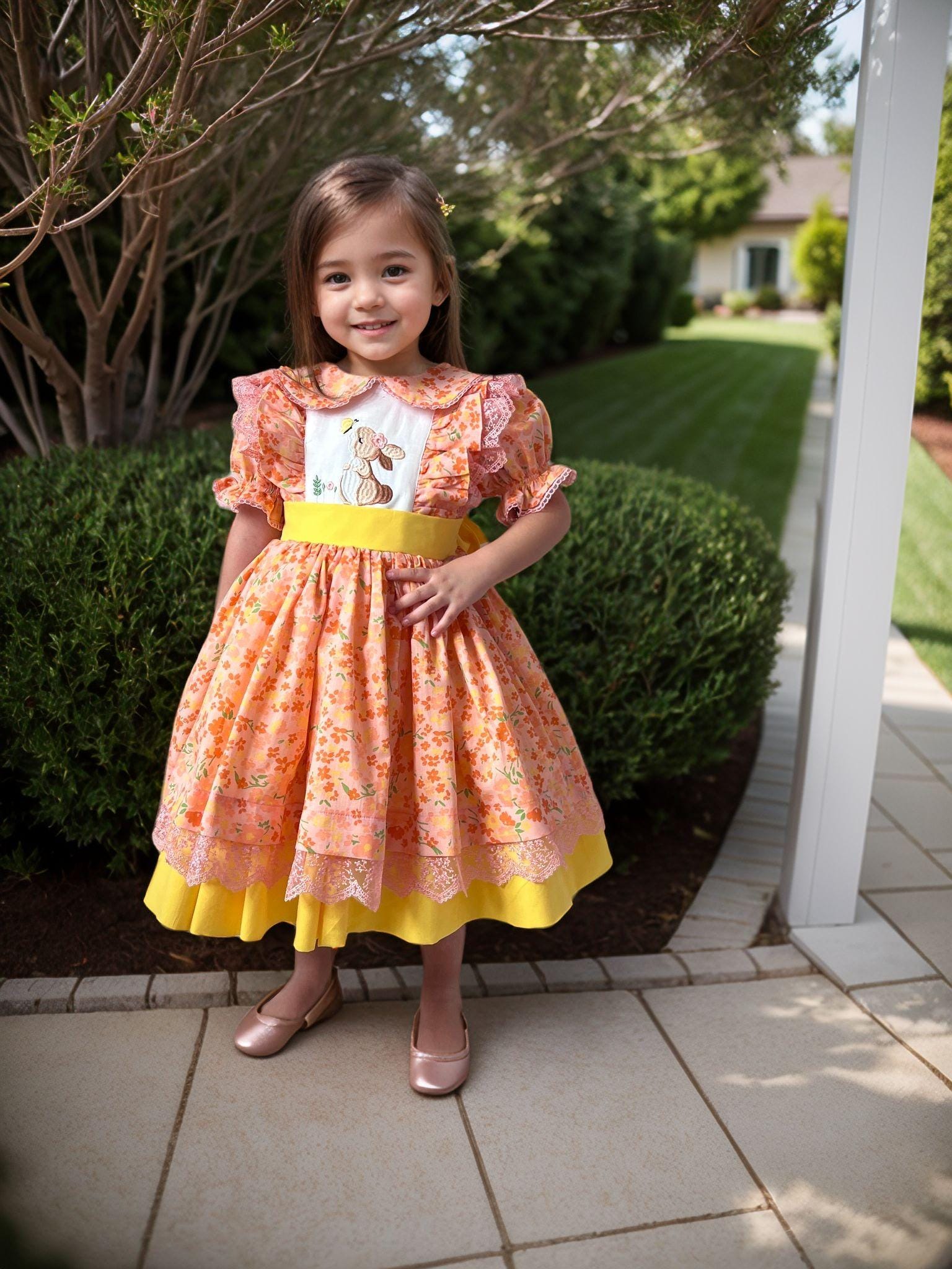 Bunny Embroidered Girls Dress: Orange Floral Vintage Style Easter Dress