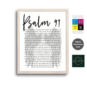 May include: Black and white printable wall art featuring Psalm 91, a passage from the Bible. The text is set against a background of stylised grey feathers.