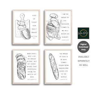 Op de afbeelding: Vier zwart-witte afdrukbare kunstprints met bijbelteksten over brood. Elke print toont een andere illustratie van brood. De eerste print zegt "Geef ons vandaag ons dagelijks brood" met een brood op een snijplank. De tweede print zegt "Ik ben het brood des levens. Wie naar mij komt, zal nooit meer honger lijden" met een brood op een tafel. De derde print zegt "De mens leeft niet van brood alleen, maar van elk woord dat uit de mond van God voortkomt" met een brood op een tafel. De vierde print zegt "Het brood van God is hij die uit de hemel komt en leven geeft aan de wereld" met een stokbrood op een tafel.