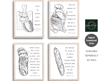 Matthew 4, 6  & John 6 Kitchen Scripture Wall Art Bread Bible Verses Printable | Christian Home Church Decor | Housewarming Gift | eDownload