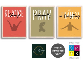 May include: Three printable wall art prints with a religious theme. The prints feature silhouettes of people with the words "Rejoice Always", "Pray Continually", and "Give Thanks in Everything".