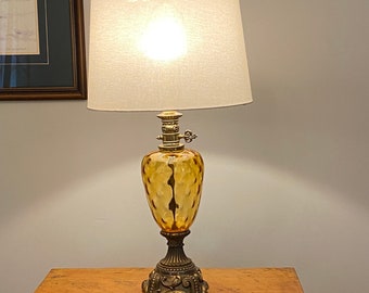 Vintage glass table lamp/HollyWood regency lamp/ Amber glass lamp/mcm lamp
