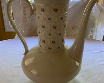 Vintage Franconia , pirouette mcm coffee pot in white w tiny pink roses/tea room decor.