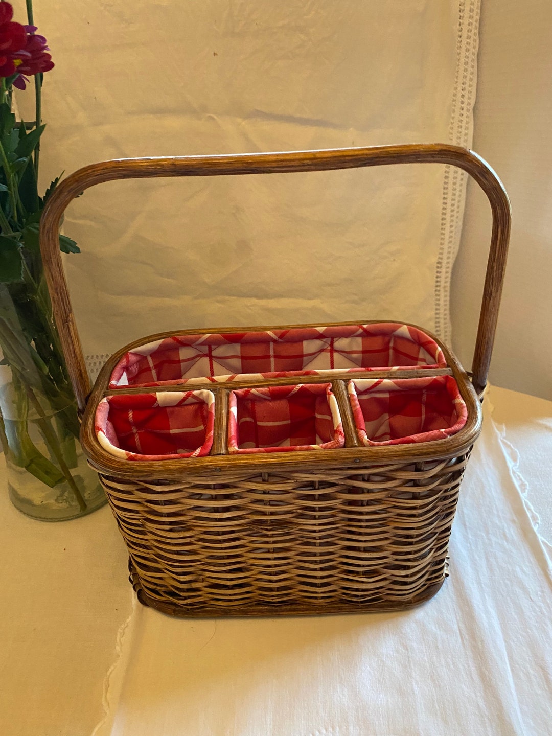 Vintage Rattan Wicker Silverware Picnic Storage Basket With Etsy