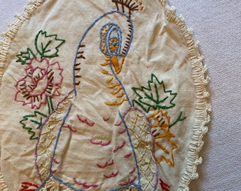 Vintage embroidered peacock doily set/ vintage decor.