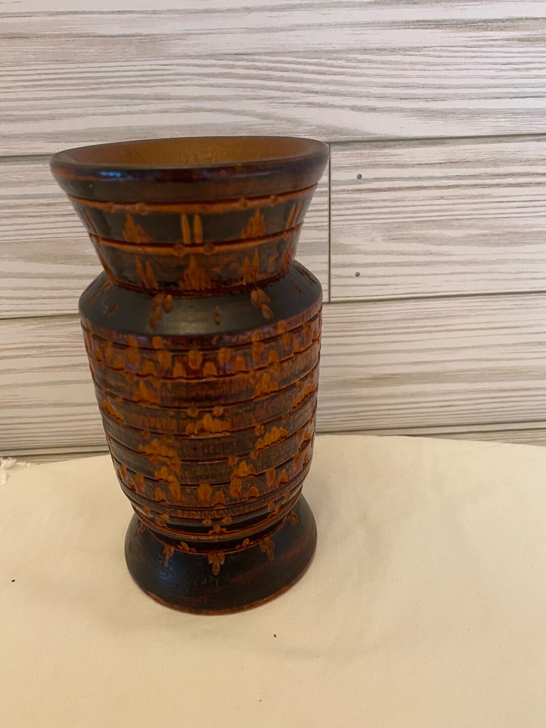 Vintage Turned Wood Vase Modern Vase Asian Vase African Vase Hand