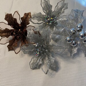 Vintage Christmas clip on flowers w rhinestones Christmas package decor